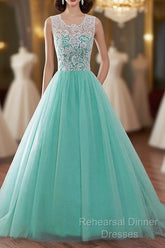 Tulle Buttons Lace Long Green Round Neck Semi Formal Prom Dress